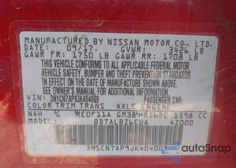 2018 Nissan Versa 1.6 Sv from USA, damaged, VIN 3N1CN7AP9JK404009